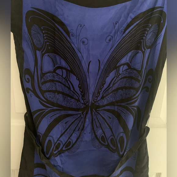 Le Chateau Silk Black and Blue Butterfly Sleevrless Tunic with Belt S/P - M/M - Picture 3 of 6